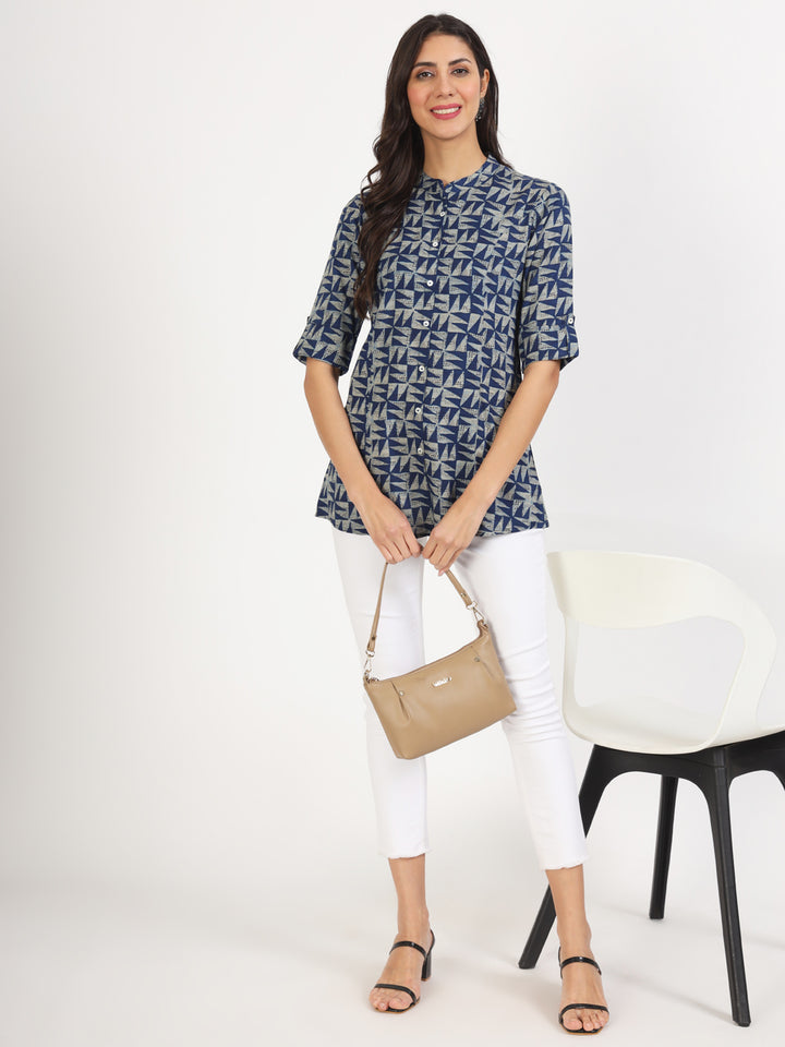 Divena Blue Floral Printed Cotton Top
