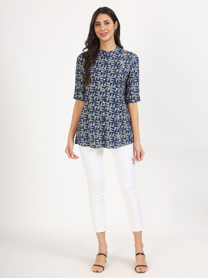 Divena Blue Floral Printed Cotton Top