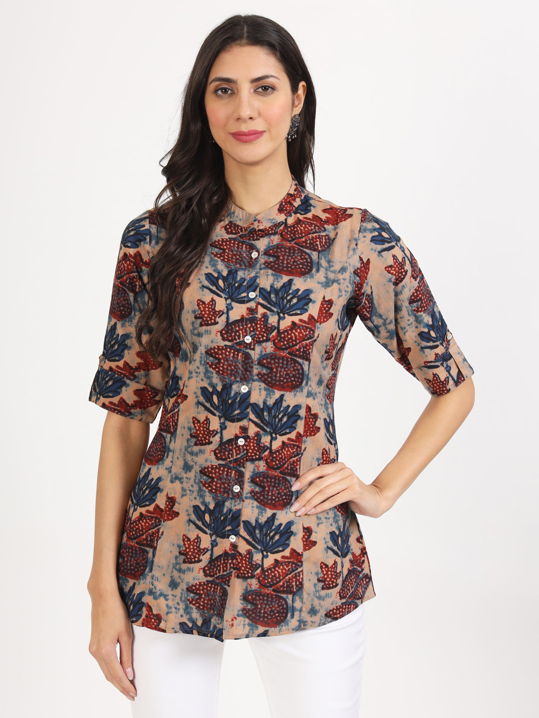 Beige Multi Floral Printed Rayon Top — view 1