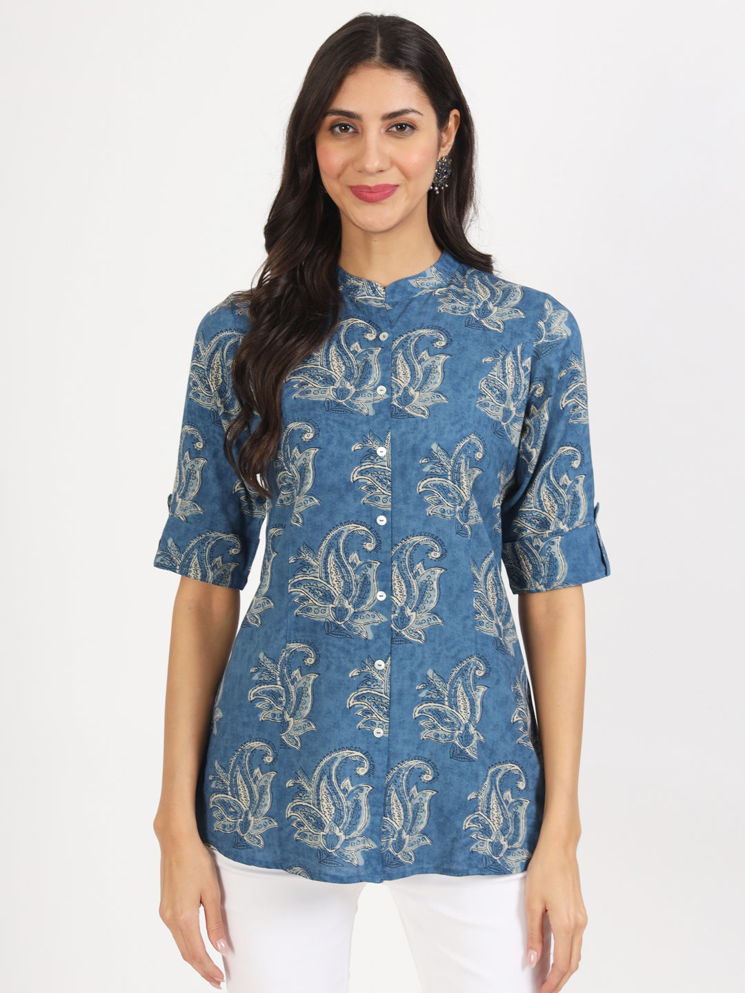 Blue Floral Printed Rayon Top — view 1