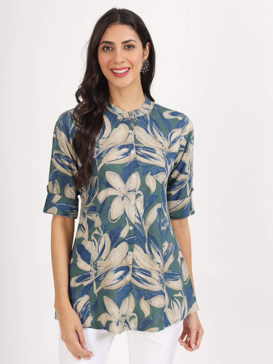 Green Blue Floral Printed Rayon Top — view 1