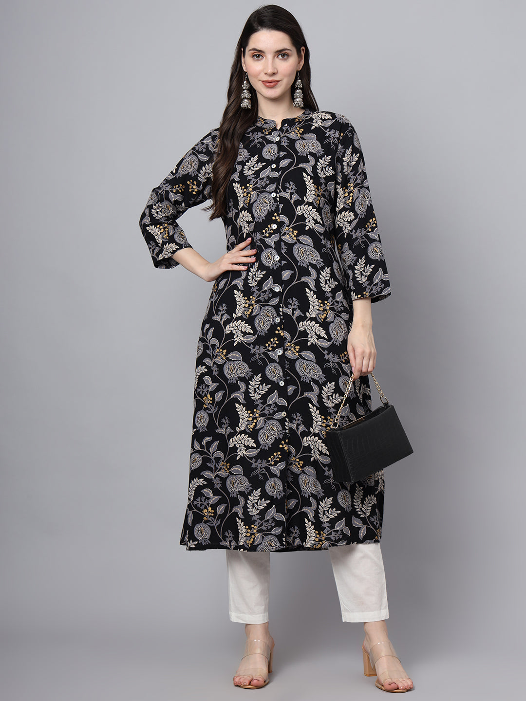 Divena Black Rayon Printed-A-Line Kurta