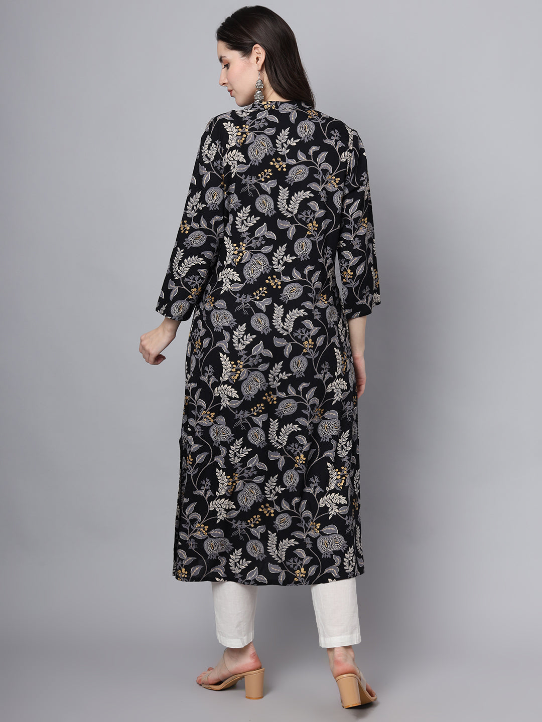 Divena Black Rayon Printed-A-Line Kurta