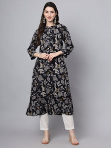 Divena Black Rayon Printed-A-Line Kurta