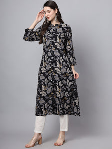 Divena Black Rayon Printed-A-Line Kurta