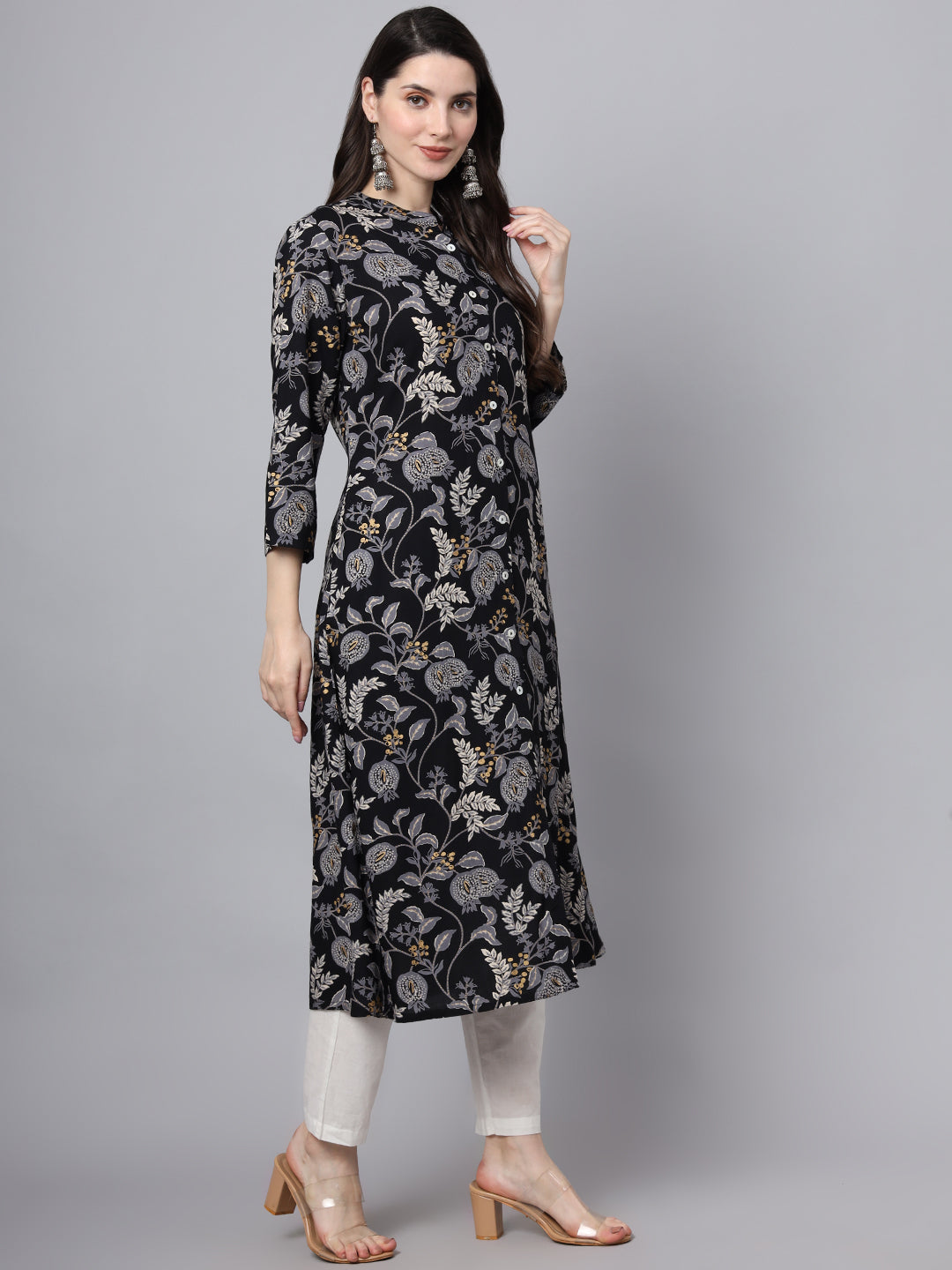 Divena Black Rayon Printed-A-Line Kurta