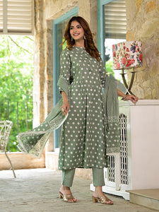 Divena Green Printed Flared cotton Kurta Pant Dupatta Set