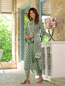 Divena Green Printed Flared cotton Kurta Pant Dupatta Set