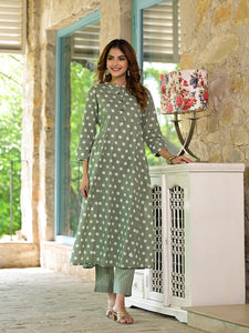 Divena Green Printed Flared cotton Kurta Pant Dupatta Set