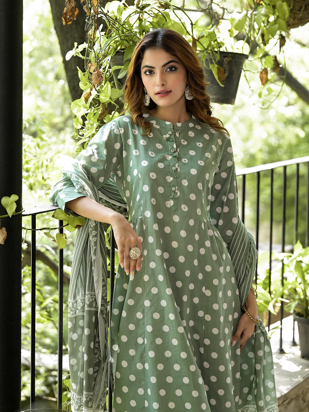 Divena Green Printed Flared cotton Kurta Pant Dupatta Set