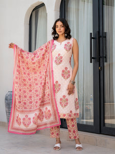 Divena Pink Floral Printed Cotton Straight Fit Kurta Pant Set