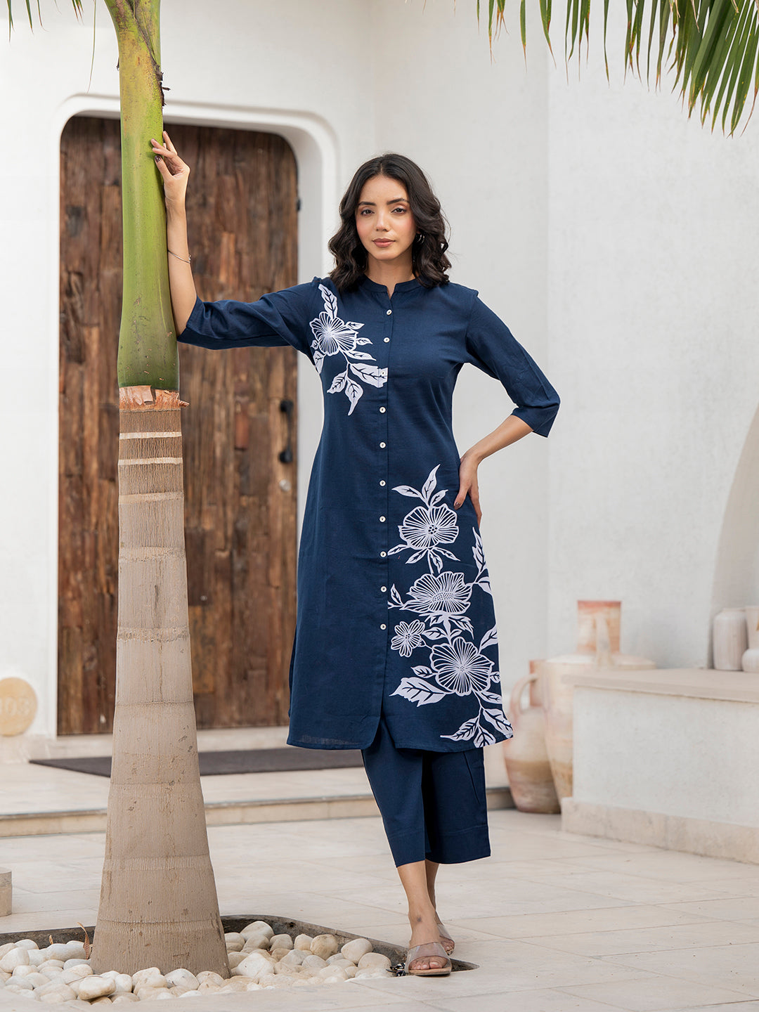 Navy Blue Floral Printed Cotton A-line Fit Kurta Pant Set — view 1
