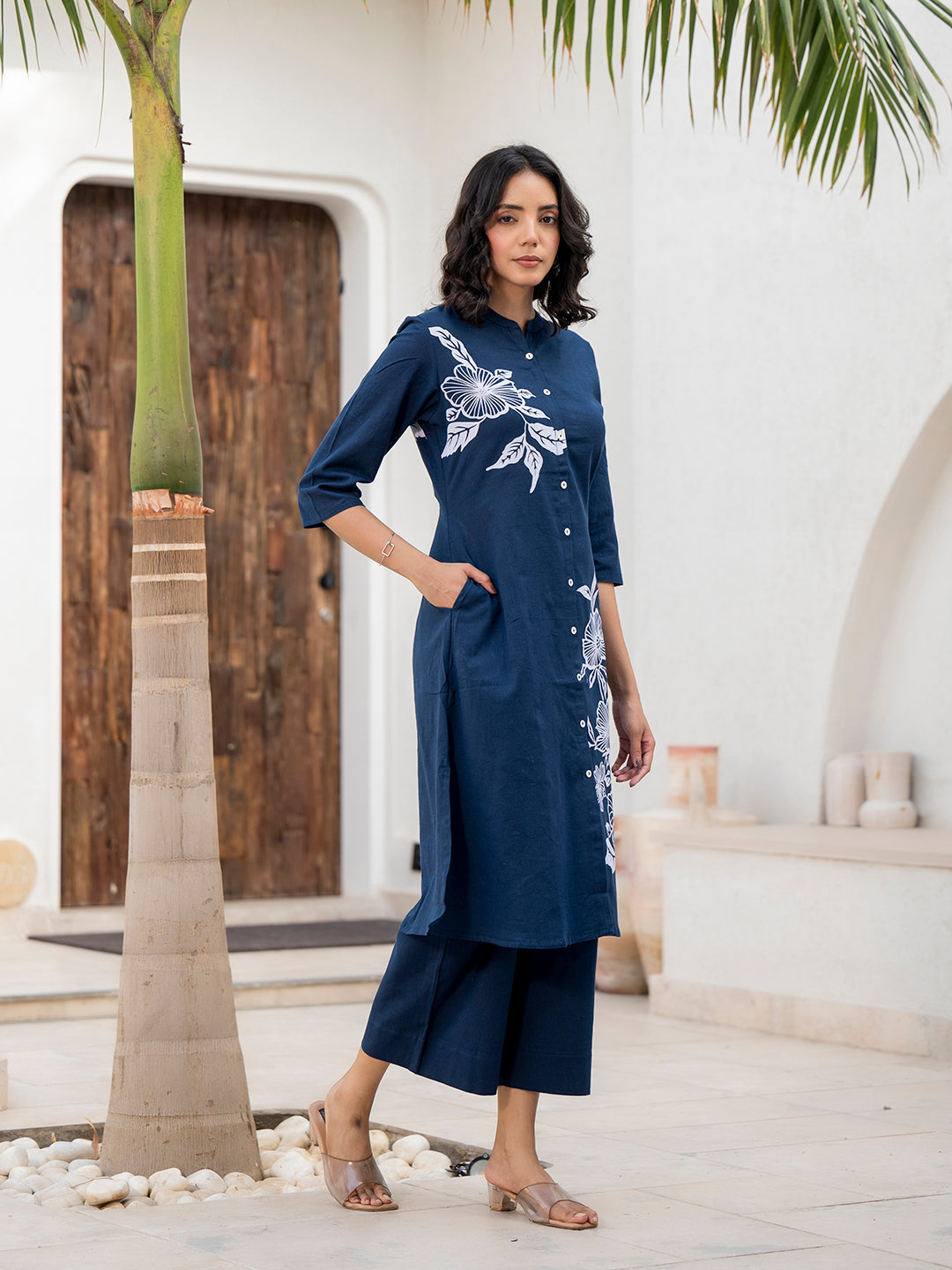 Divena Navy Blue Floral Printed Cotton A-line Fit Kurta Pant Set