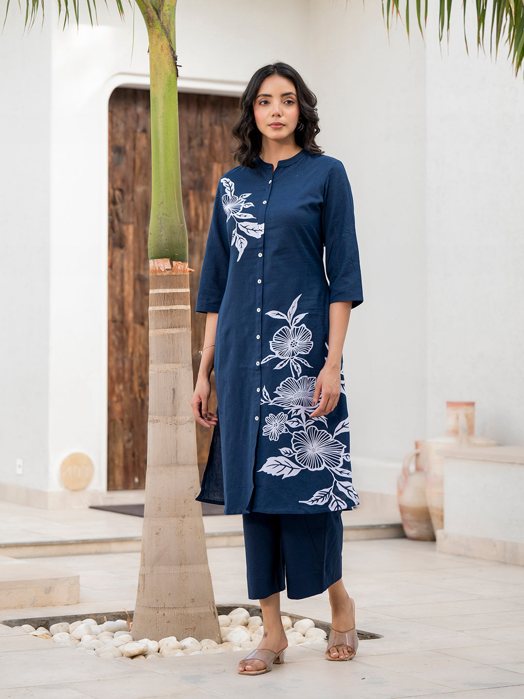 Divena Navy Blue Floral Printed Cotton A-line Fit Kurta Pant Set