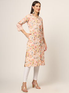 Divena Pink Floral Printed Cotton A-Line Fold Sleeve Kurta