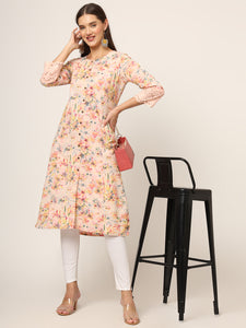 Divena Pink Floral Printed Cotton A-Line Fold Sleeve Kurta