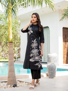 Divena Black Floral Printed Cotton A-line Fit Kurta Pant Set