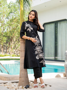 Divena Black Floral Printed Cotton A-line Fit Kurta Pant Set