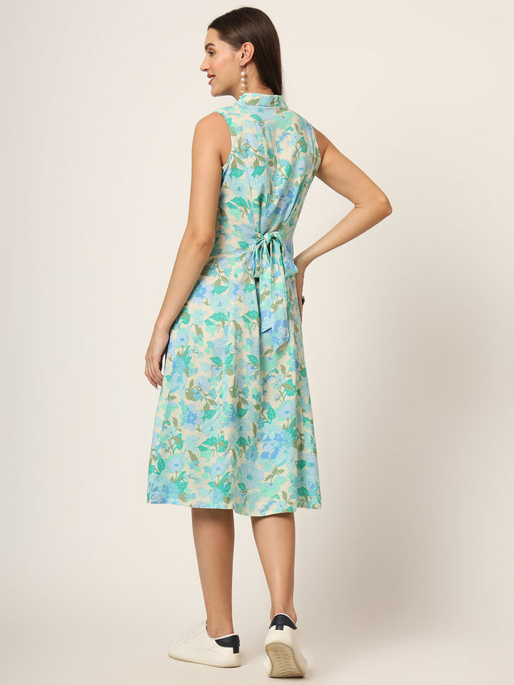 Divena Green Floral Print A-Line Midi Dress