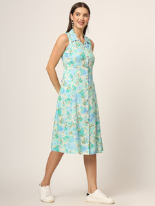 Divena Green Floral Print A-Line Midi Dress