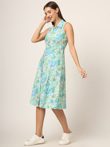 Divena Green Floral Print A-Line Midi Dress