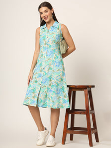 Divena Green Floral Print A-Line Midi Dress