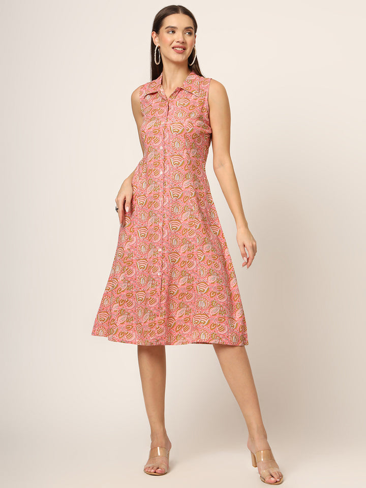 Divena Pink Floral Print A-Line Midi Dress