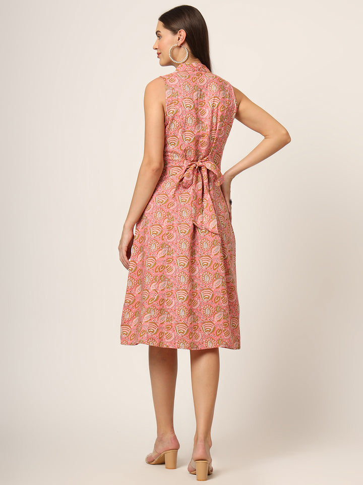 Divena Pink Floral Print A-Line Midi Dress