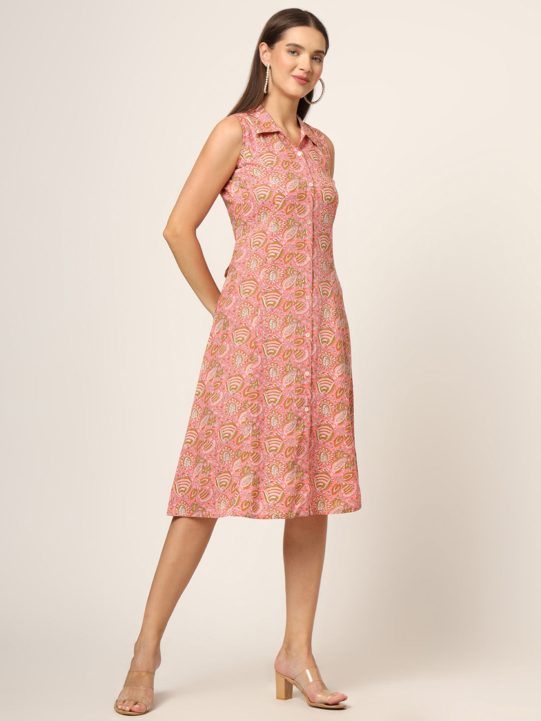 Divena Pink Floral Print A-Line Midi Dress