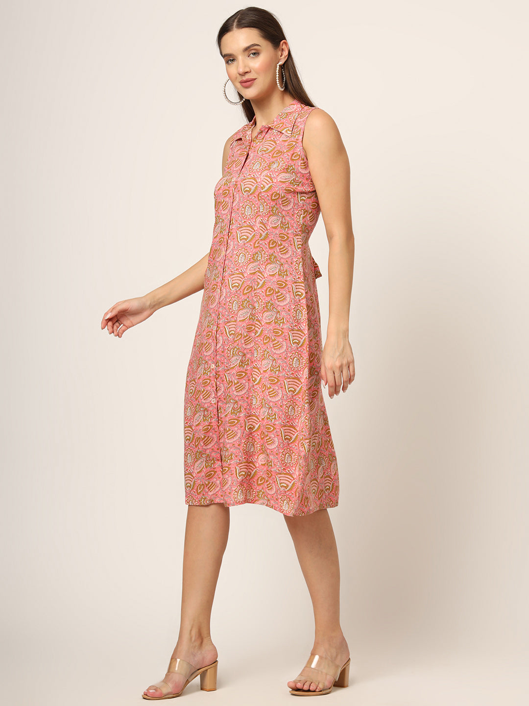 Divena Pink Floral Print A-Line Midi Dress