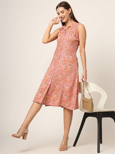 Divena Pink Floral Print A-Line Midi Dress