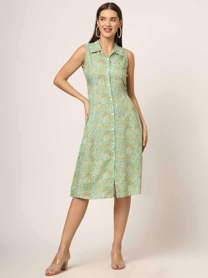 Divena Green Floral Print A-Line Midi Dress