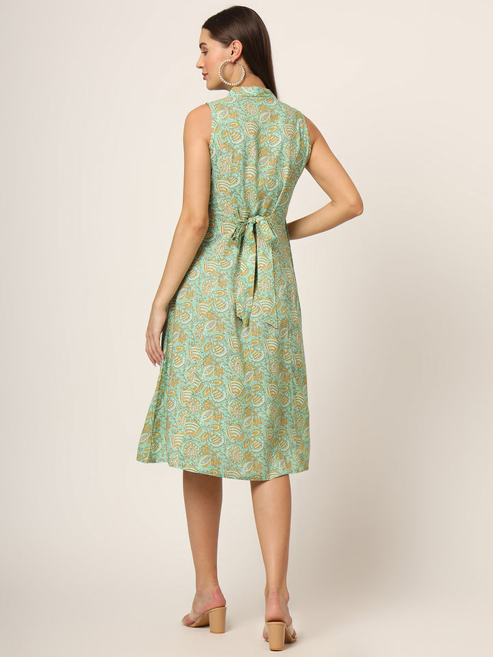Divena Green Floral Print A-Line Midi Dress