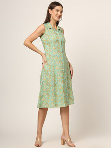 Divena Green Floral Print A-Line Midi Dress