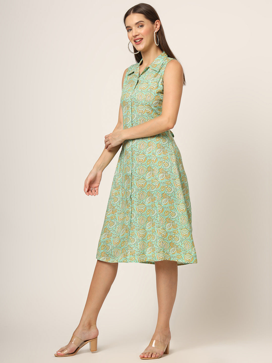 Divena Green Floral Print A-Line Midi Dress