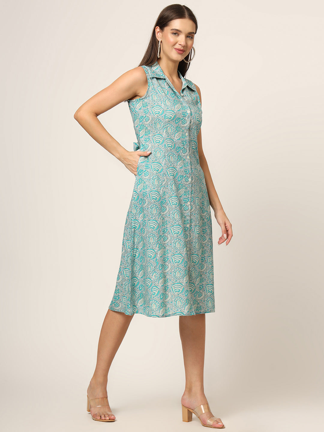 Divena Sky Blue Floral Print A-Line Midi Dress