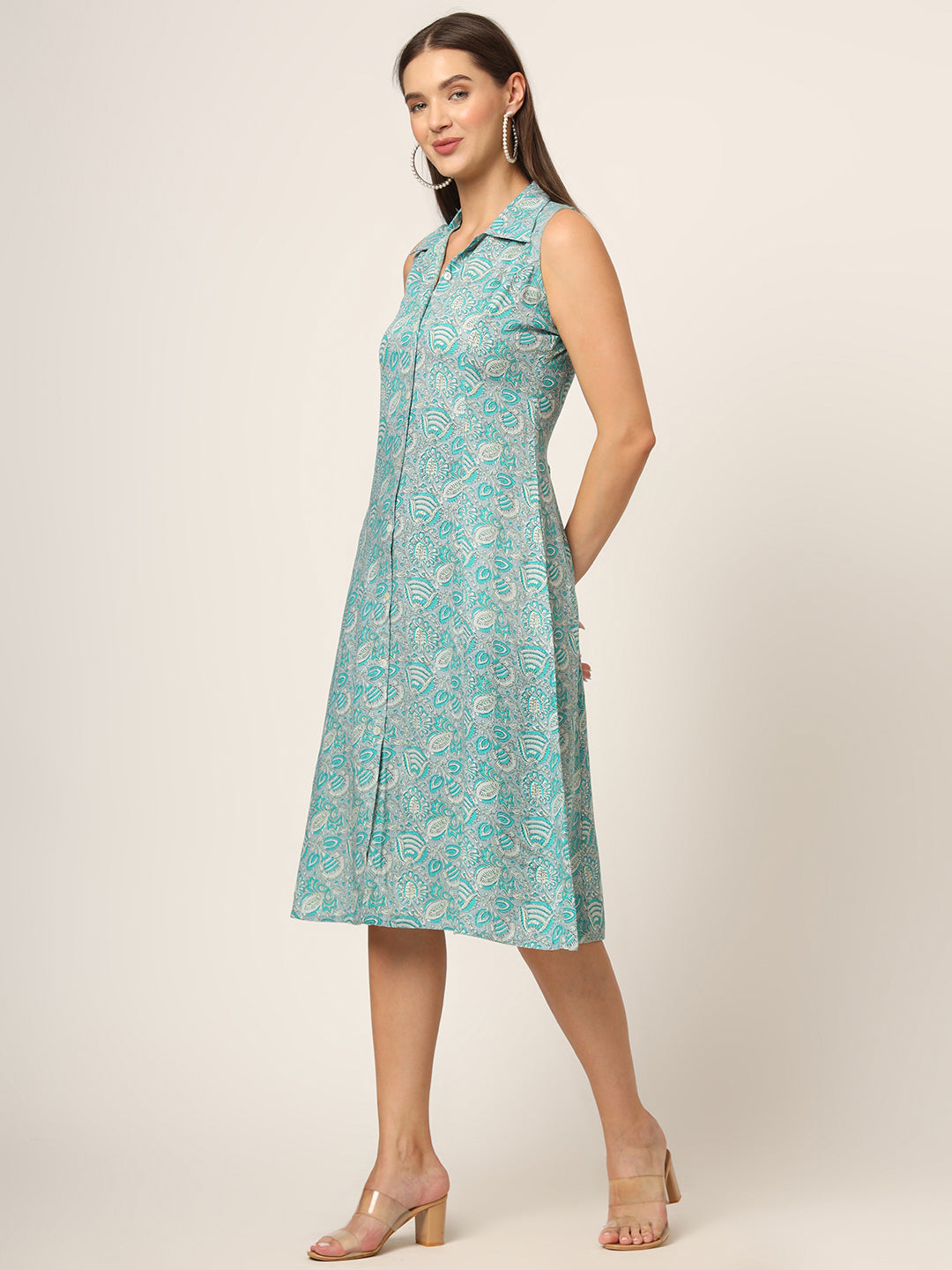 Divena Sky Blue Floral Print A-Line Midi Dress