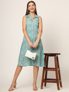 Divena Sky Blue Floral Print A-Line Midi Dress