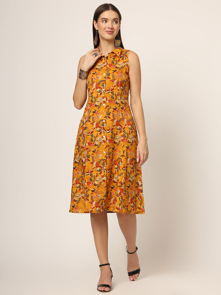 Divena Yellow Floral Print A-Line Midi Dress