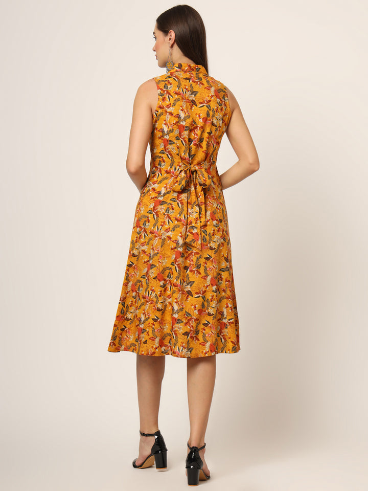 Divena Yellow Floral Print A-Line Midi Dress