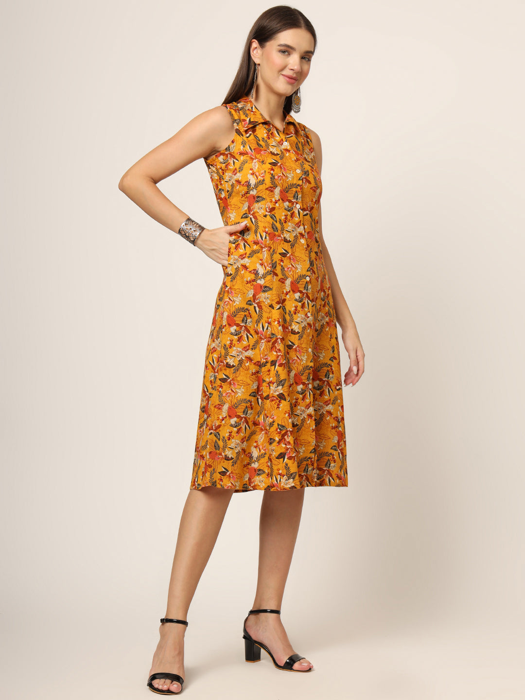 Divena Yellow Floral Print A-Line Midi Dress