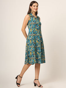 Divena Blue Floral Print A-Line Midi Dress