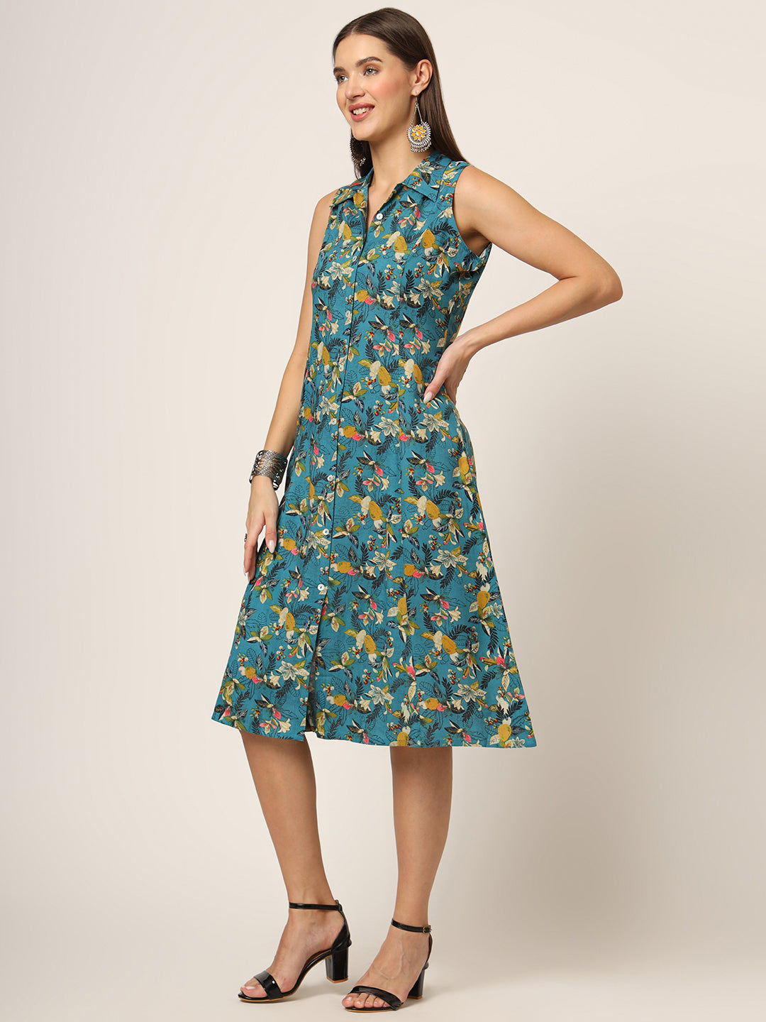 Divena Blue Floral Print A-Line Midi Dress