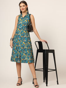 Divena Blue Floral Print A-Line Midi Dress