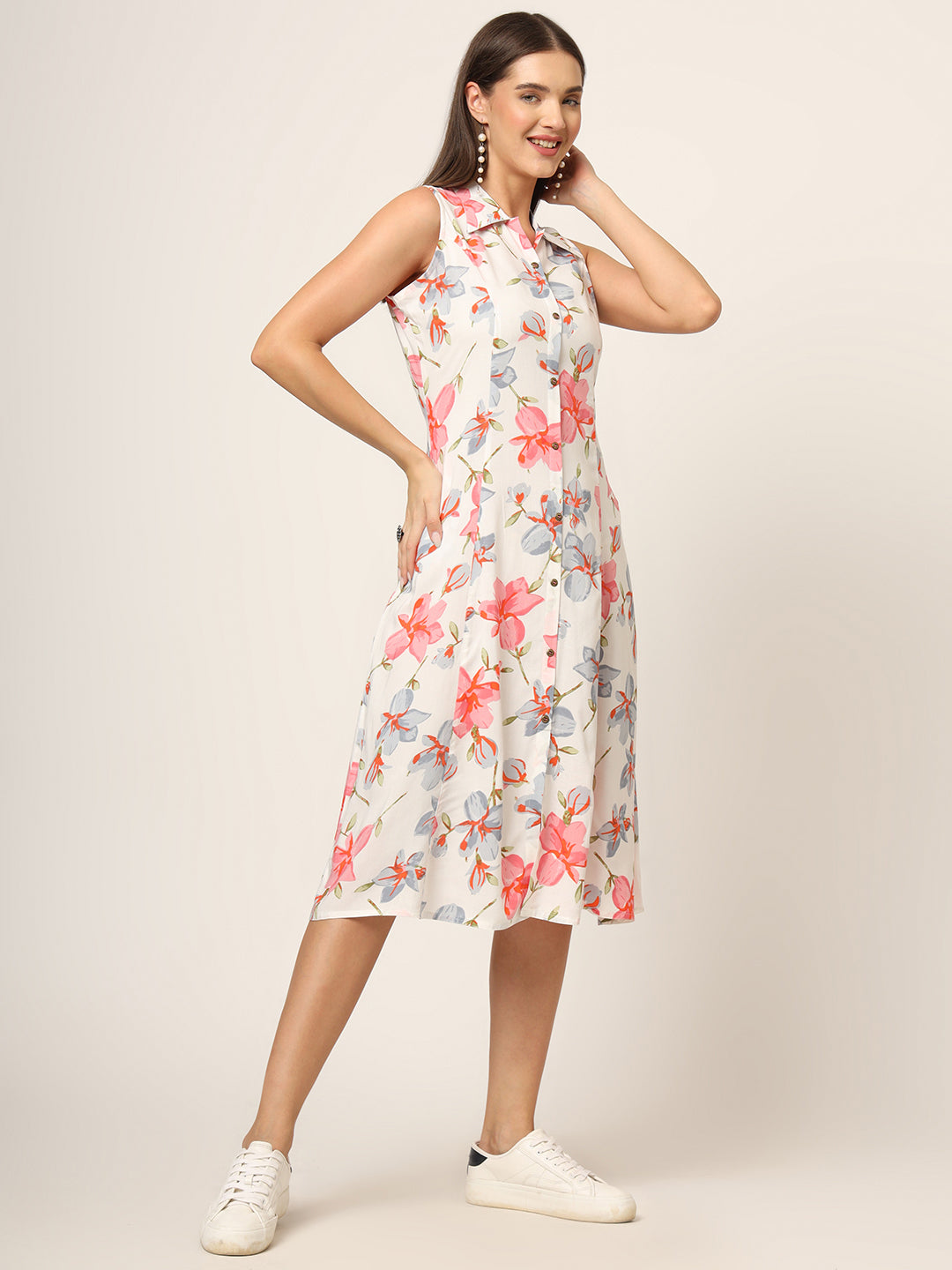 Divena White Floral Print A-Line Midi Dress