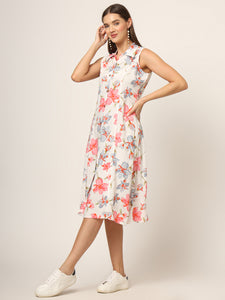 Divena White Floral Print A-Line Midi Dress