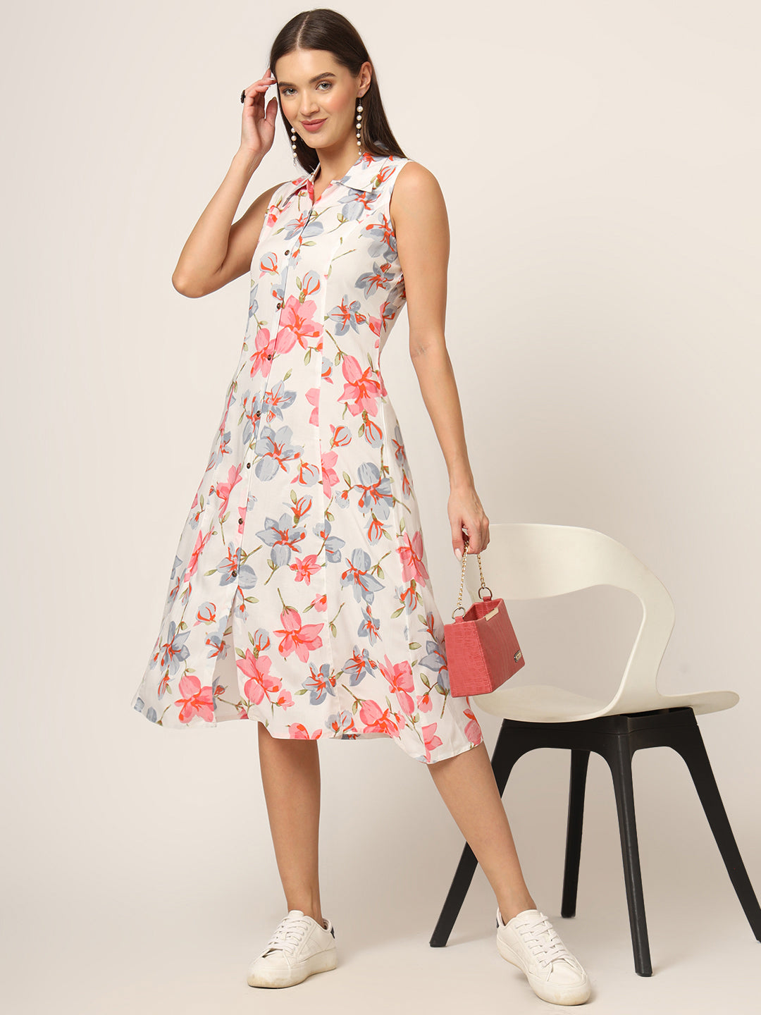 Divena White Floral Print A-Line Midi Dress