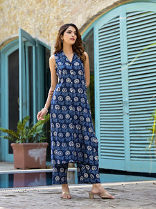 Divena Navy Blue Floral Printed  A-Line Rayon Kurta Set