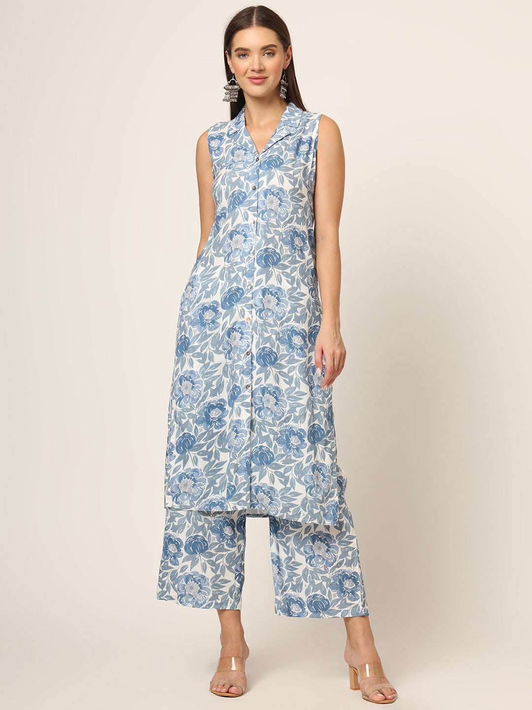Blue Printed Rayon Fabric Straight Kurta Set — view 1