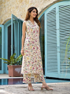 Divena Cream Floral Printed  A-Line Rayon Kurta Set